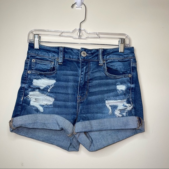AMERICAN EAGLE NEXT LEVEL STRETCH HIGH RISE SHORTIE DISTRESSED DENIM SHORTS 10 - Picture 1 of 8